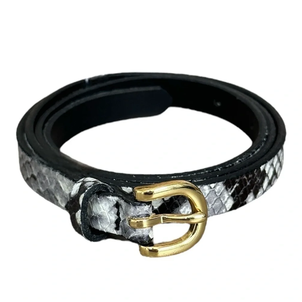 J.Crew Skinny Belt Size S Gray Snake Print Genuine Italian Leather Gold Buckle